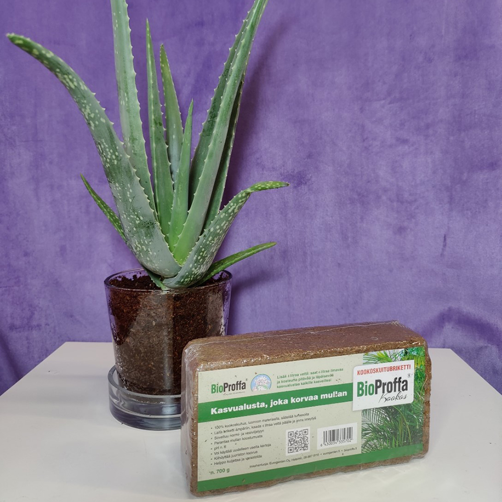 Vaihtoehtoinen kasvualusta. 100% kookoskuitua, käytetään mullan ja turpeen sijasta. Sopii kaikille viherkasveille. Kookoskuitua voi käyttää aina uudelleen ja uudelleen.